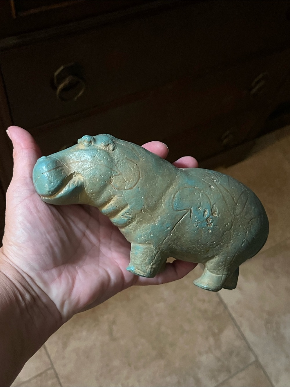 Patina Green Hippo Figurine Decorative Accent